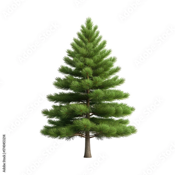 Fototapeta Lush green pine tree isolated against a stark black background