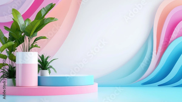 Fototapeta Pastel podium with green tropical plant, abstract colorful background, modern minimal design, soft pink and blue tones, creative display, elegant and fresh atmosphere, stylish interior decor