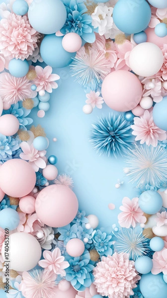 Fototapeta Pastel blue, pink, and white flowers and spheres create soft, dreamy background with gentle, cheerful mood, perfect for spring or baby themed designs