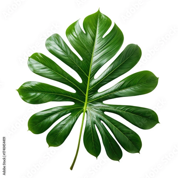 Fototapeta Lush, glossy green tropical leaf with prominent veins, on black background