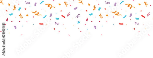 Obraz Colorful confetti and streamers falling against a white background, creating a festive and celebratory atmosphere.