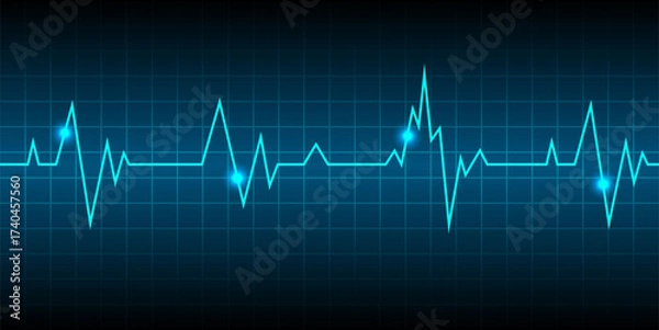 Fototapeta Illustration of Emergency ekg monitoring. Blue Glowing Neon Heart Pulse. Heartbeat. Dark Blue Background with a Grid. Vector Illustration. All in a single layer.