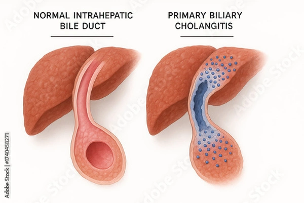 Fototapeta Medical illustration comparing a normal intrahepatic bile duct with one affected by primary biliary cholangitis, showing inflammation and blockages.