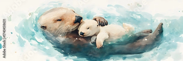 Fototapeta Watercolor depiction of a mother sea otter cradling her pup while floating on gentle ocean waves, serene pastel blues