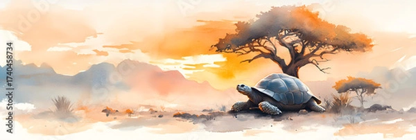 Fototapeta watercolor of a turtle under a tree at sunset