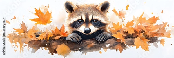 Fototapeta Whimsical watercolor of a raccoon peeking out from a hollow tree trunk surrounded by falling golden leaves, soft autumn glow