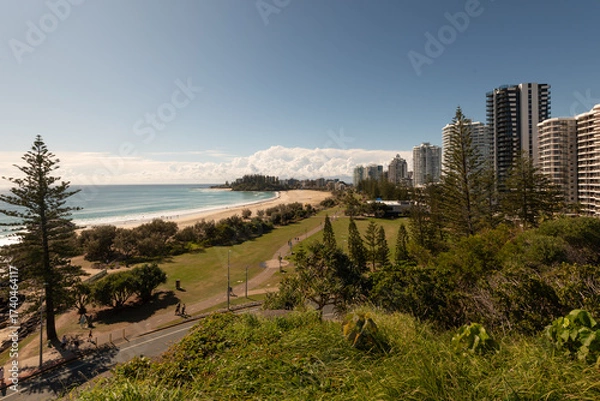 Obraz View from Kirra Point of Coolangatta and Greenmount Beaches backed by the high-rises of Coolangatta, under a clear, blue sky. Coolangatta, Gold Coast, Queensland, Australia.	