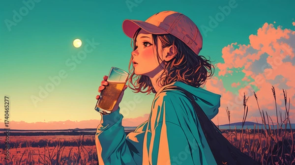 Fototapeta 夕方に外でビールを飲む女性