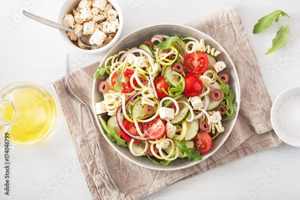 Obraz spiralized courgette salad greek style with tomato feta olives cucumber