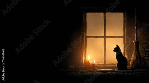 Fototapeta Black Cat Sitting on Witch's Broomstick By Candles Near Window Glowing in Darkness with Shadows of Enchantment and Mystery in a Magical Scene