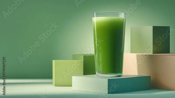 Fototapeta Fresh Green Juice in a Glass on Geometric Shapes and Soft Background for Abstract Decoration and Wellness Concepts