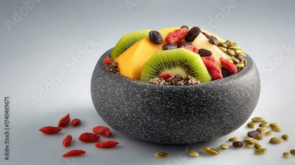 Fototapeta Ceramic Bowl Filled with Colorful Fruits and Seeds, Showcasing a Healthy and Vibrant Culinary Presentation for Photography Enthusiasts