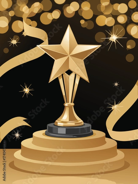 Fototapeta A dazzling golden star trophy stands proudly on a tiered platform, surrounded by shimmering bokeh lights and elegant ribbons, symbolizing achievement and excellence in a celebratory atmosphere