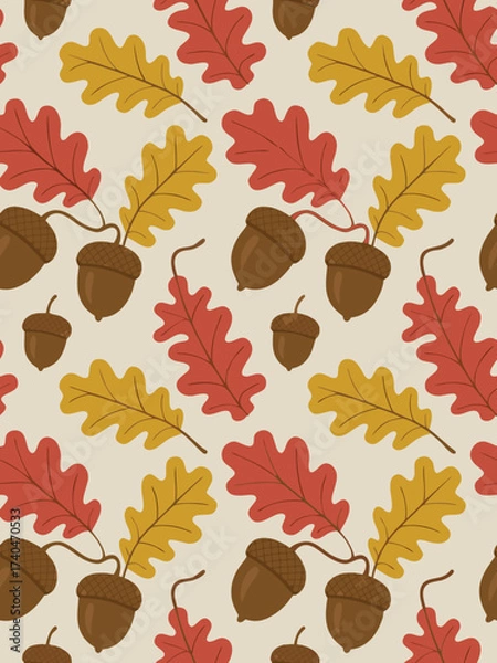 Fototapeta A delightful pattern showcasing autumns beauty with vibrant oak leaves in shades of red and yellow, complemented by charming acorns, creating a warm and inviting seasonal design on a neutral backdrop