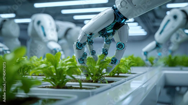 Fototapeta Robotic Arms Tending to Vibrant Green Plants in a Modern Agricultural Setting with Advanced Technology and Automated Care Systems