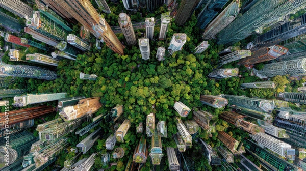 Fototapeta Aerial View of Urban Skyline Surrounded by Lush Green Forest from Drone Perspective, Showcasing Skyscrapers and Nature Harmony
