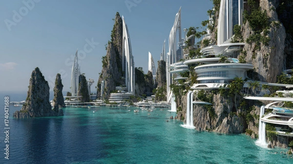 Fototapeta Futuristic Cityscape on Cliffs Above the Ocean with Modern Architecture and Lush Greenery, Evoking a Vision of Innovative Coastal Living