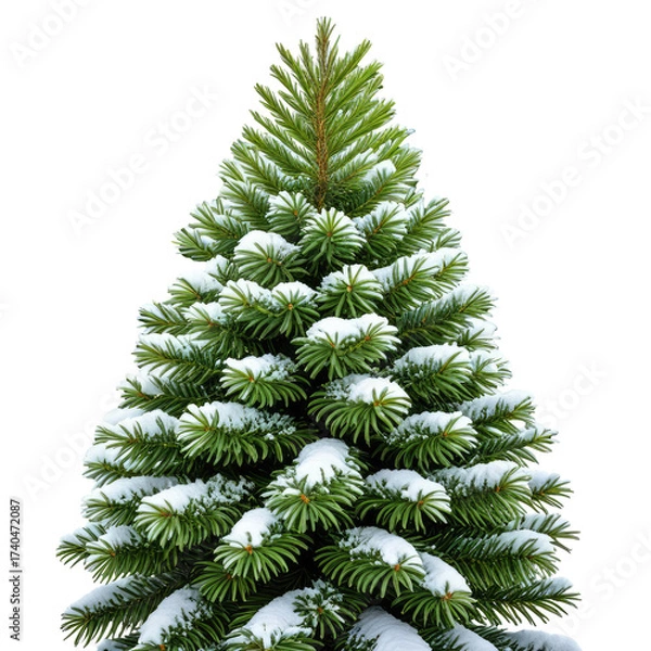 Fototapeta Lush, snowy evergreen with dense, green needles and white snow dusting the branches