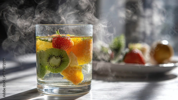 Fototapeta Refreshing Detox Water Infused with Vibrant Fruit Slices and Steam Rising from a Glass in a Bright Setting