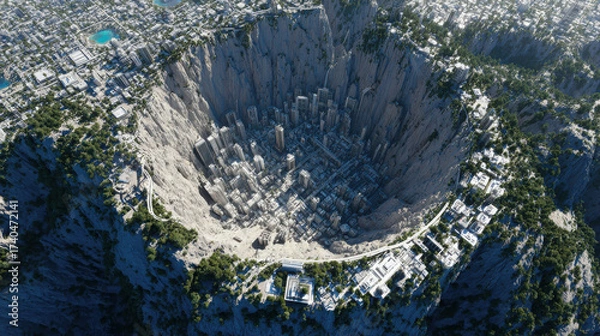 Fototapeta Aerial View of a Futuristic Urban City Built Inside a Massive Mountain Crater Surrounded by Lush Greenery and Modern Architecture