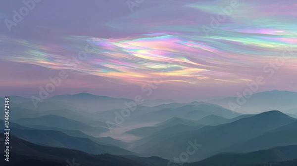 Fototapeta Ethereal Glowing Iridescent Clouds Floating Above Mountain Valley at Dusk With Soft Hues of Blue, Pink, and Purple Dreamy Landscape