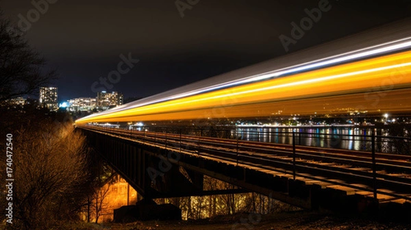 Fototapeta Long Exposure Photograph of Glowing Train Moving Across Bridge at Night with Urban Skyline in Background