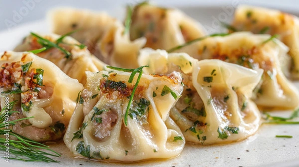 Fototapeta Steaming Hot Dumplings Filled with Fresh Herbs and Savory Ingredients Served on a White Plate in a Close-Up Macro Shot