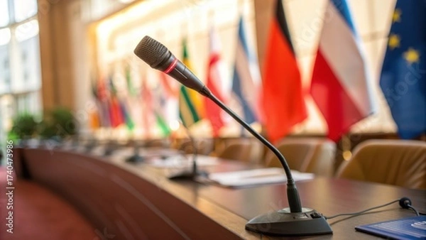 Fototapeta Microphone on conference table with international flags in background at Davos 2026 symbolizing global collaboration