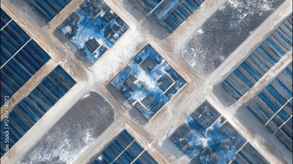 Fototapeta Aerial View of a Futuristic Solar Panel Farm with Geometric Patterns Under Bright Sunlight in a Desert Landscape