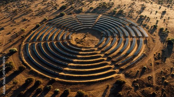 Fototapeta Aerial View of Solar Panels Arranged in Geometric Circular Design in Desert Landscape Captured During Golden Hour