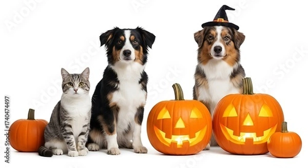 Obraz Cat and dogs celebrate halloween with pumpkins on a white studio background