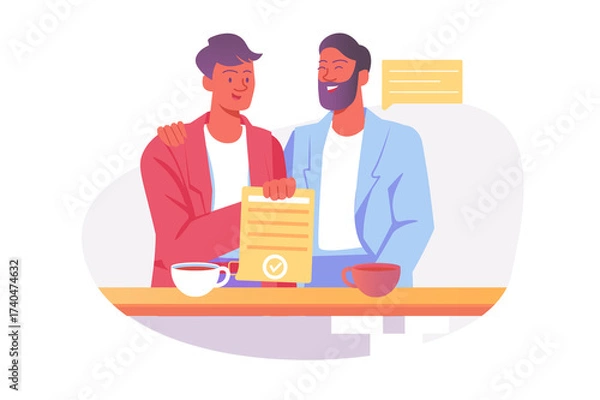 Fototapeta Two Businessmen Concluding Deal Holding Document with Seal in Transparent Background with Coffee Cups and Speech Bubble Vector Illustration