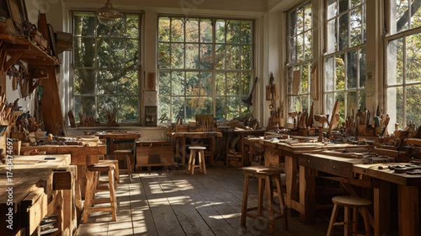 Fototapeta Bright Countryside Workshop Bathed in Sunlight with Natural Light Streaming Through Large Windows