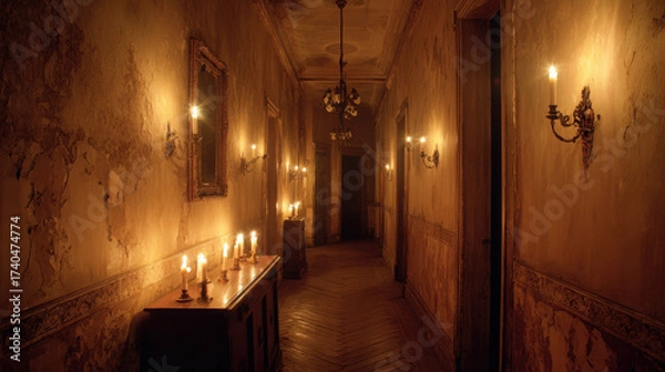 Fototapeta Hauntingly Beautiful Hallway of a Dilapidated House with Peeling Wallpaper and Soft Candlelight Creating an Eerie Atmosphere