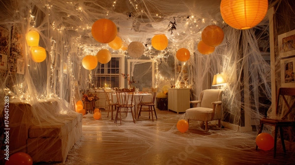 Fototapeta Spooky and Festive Halloween Party Room Decorated with Lights and Oranges for a Memorable Gathering Experience