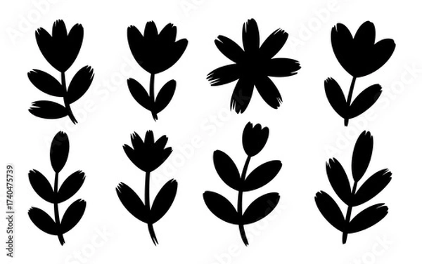 Fototapeta Bold and graphic black flower silhouettes isolated on white background, creating a striking contrast and modern aesthetic, ideal for contemporary design and branding projects