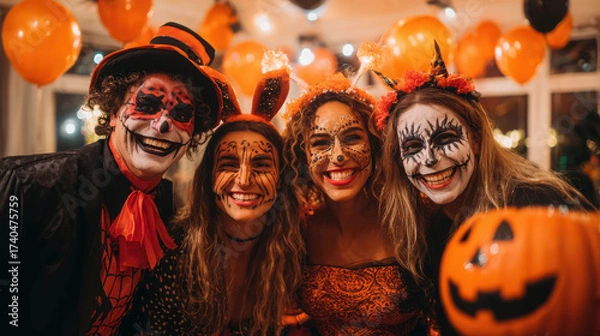 Fototapeta Group of Adults Posing Together in Colorful Halloween Costumes with Festive Decorations and Pumpkins in a Lively Atmosphere