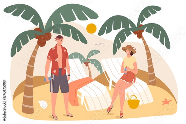 Obraz Tropical Beach Scene with Palm Trees Lounge Chairs and Couple in Casual Attire on Transparent Background Holiday and Vacation Themed