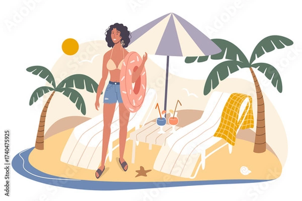 Obraz Tropical Island Getaway with Woman on Sandy Beach with Palm Trees White Chairs and Parasol in Bright Sunlight Illustration