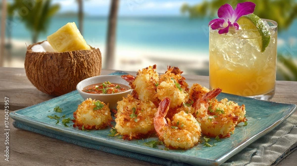 Fototapeta Fresh Coconut Shrimp Appetizer with Tropical Beverage and Beach Backdrop in Gorgeous Outdoor Setting