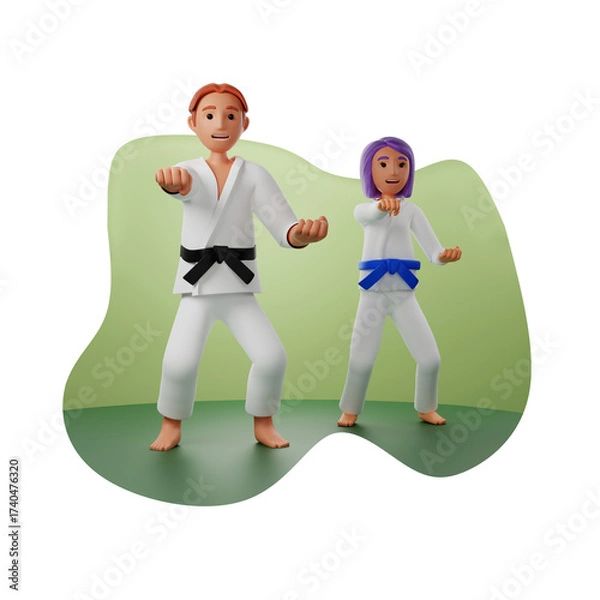 Obraz Two 3D Characters Training Karate in White Uniforms and Colored Belts Against a Green Background Matte Painting Style