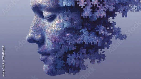 Fototapeta Abstract Representation of Human Face with Puzzle Pieces in Blue Tones