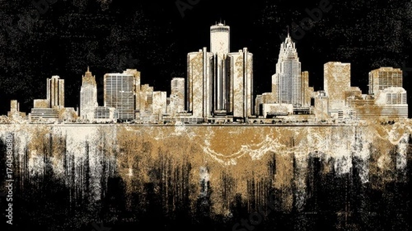 Fototapeta Artistic City Skyline Illustration with Gold and Black Color Palette