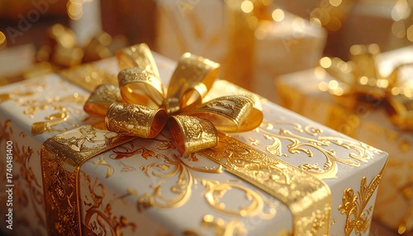 Fototapeta Gilded Treasures: Presents artfully wrapped in exquisite gold embellishments, creating a sense of elegance and celebration. A close-up view focuses on the meticulous detail of each gift's design.