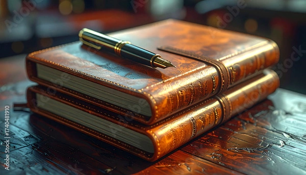 Fototapeta Timeless Diary and Pen: A classic brown leather diary rests atop another, gracefully accompanied by a premium pen, evoking the art of writing, contemplation.
