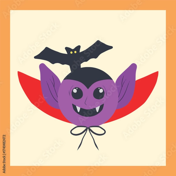 Obraz A purple little vampire with a red cape and tiny bats above its head.