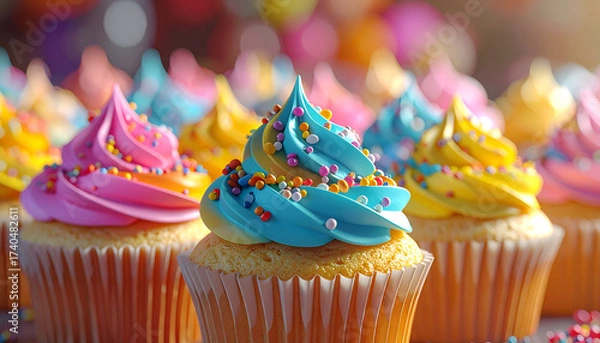 Fototapeta Delicious Cupcake Dream: A delightful array of vibrantly frosted cupcakes, each a work of art with swirled toppings and colorful sprinkles, invites you to savor a sweet moment.
