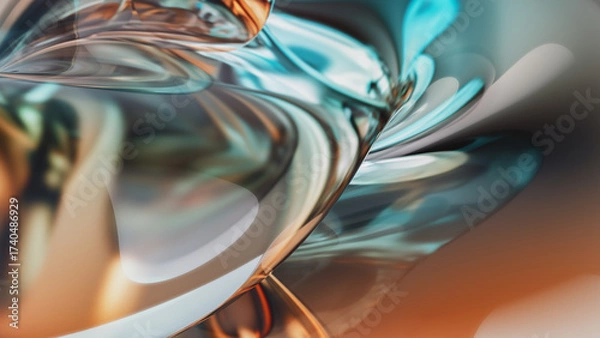 Fototapeta Generative 3D Illustration of Abstract Fluid Glass Forms with Metallic Highlights.