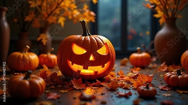 Fototapeta Spooky Jack-o'-Lantern with Glowing Face Surrounded by Autumn Pumpkins and Leaves