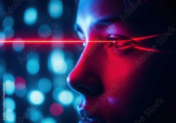 Fototapeta Futuristic cyberpunk woman with red laser through eye and bokeh lights